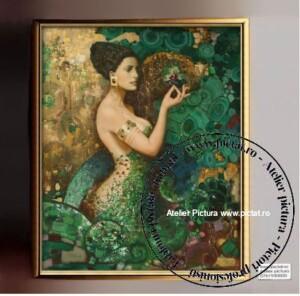 Tablouri pictate manual Tablou silueta femeie, tablou chip femeie, tablou cu flori, tablou abstract verde