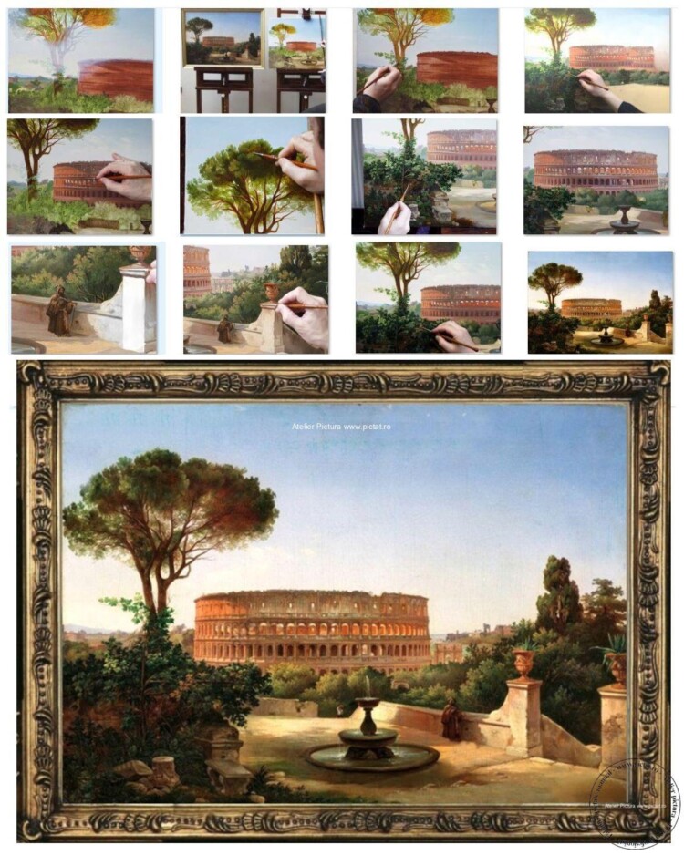 Tablou Vedere a Colosseumului din Roma de la mănăstirea maronită . Roma, Italia: Colosseum (construcție începută sub Vespasian, finalizată în 80 d.Hr. sub Titus).