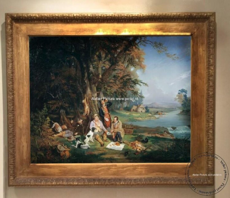 Tablou cu peisaj vanatoresc, peisaj cu padure, Peisaj de vara, Hunters at Rest Painting, 1844 Bogdan Pavlovitch Willewalde