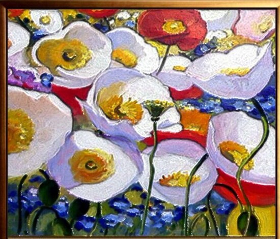 Tablouri pictate manual Tablou abstract Tablou flori albe, tablou maci, tablou flori de camp 46x43cm