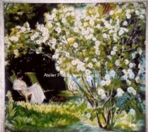 Tablou femeie, tablou cu flori tablou femei in gradinita cu trandafiri 82x75cm