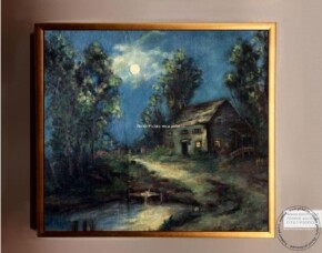 Tablouri pictate manual Tablou Peisaj cucabana sub luna plina, tablou pictat cu casa in padure