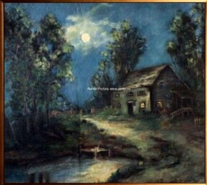 Tablouri pictate manual Tablou Peisaj cucabana sub luna plina, tablou pictat cu casa in padure