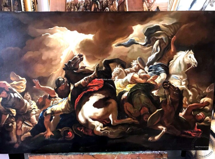 Tablou scena de lupta, tablou cai alergand, tablouri pictate cu cai, Tablou clasic, 85x55 cm