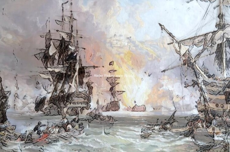 Tablou pictat manual Bombardamentul Algerului anul 1816, pictor Sir George Hyde Chamber, Tablou asalt marin