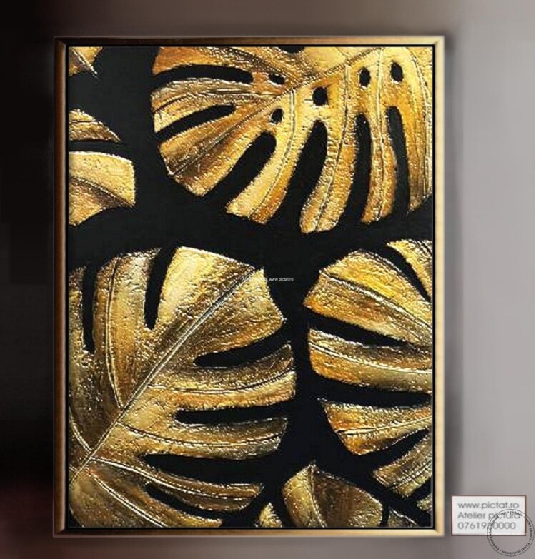 Tablouri pictate manual, Tablou abstract Frunze exotice aurii, Foita de aur