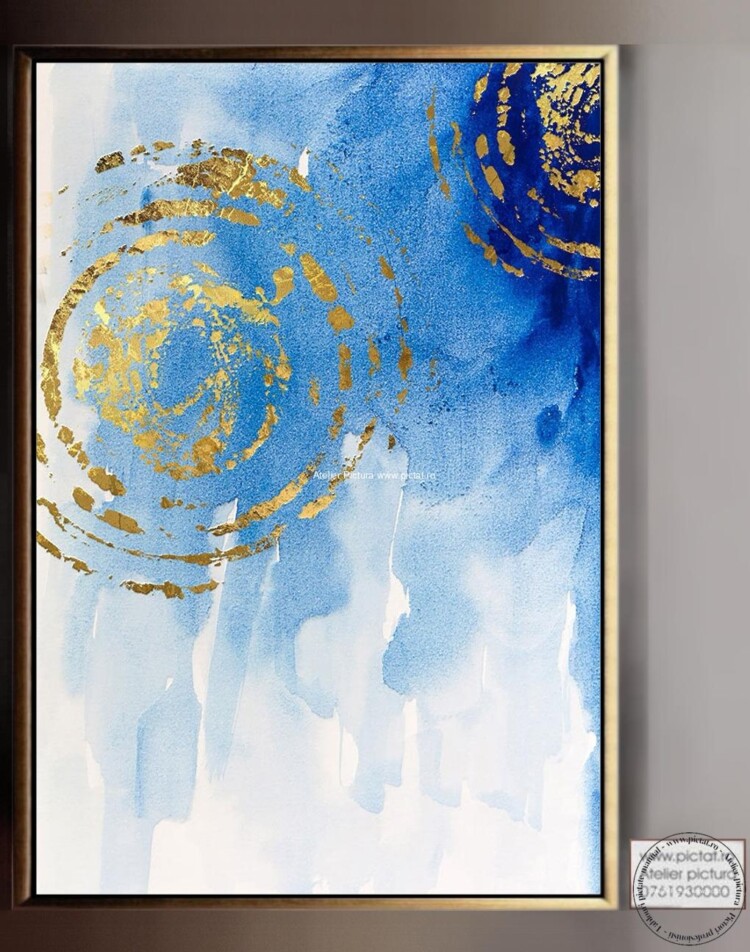 Tablou pictat manual Cercuri aurii, Tablou abstract modern, foita de aur