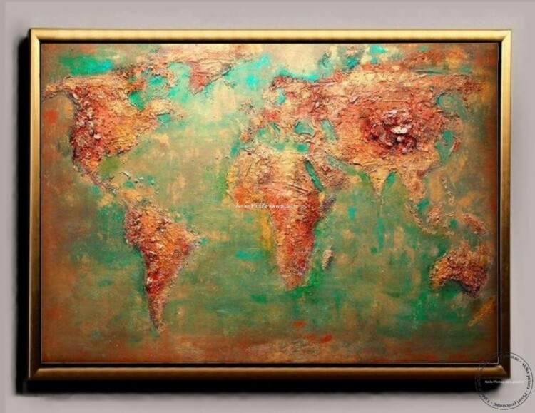 Harta lumii, tablou pictat manual, pictura in cutit texturata turcoaz