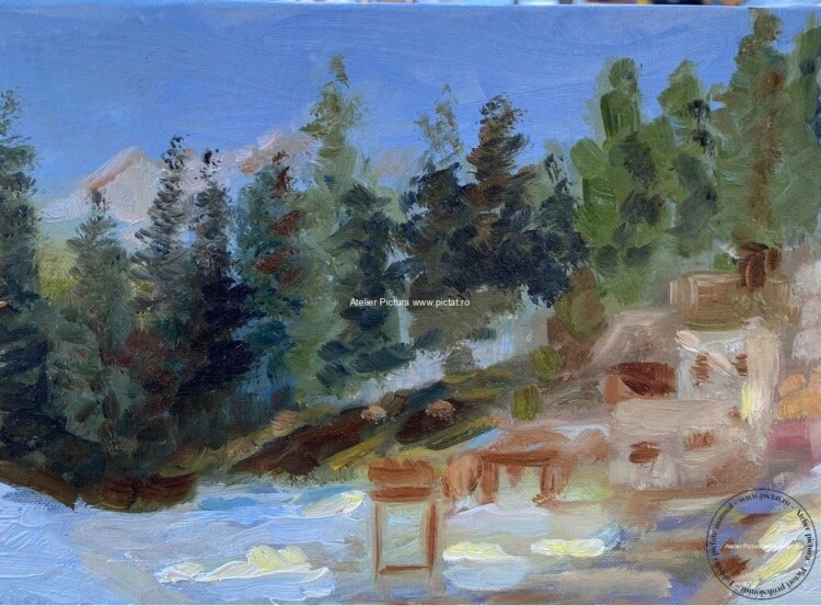 Peisaj cabana in padure, Tablou pictat in cutit, tablou cabana la munte (1) 43fd