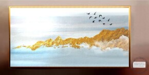 Peisaj marin, peisaj cu rasarit de soare, tablou peisaj linia orizontului, Tablou auriu, tablou cu pasari in zbor