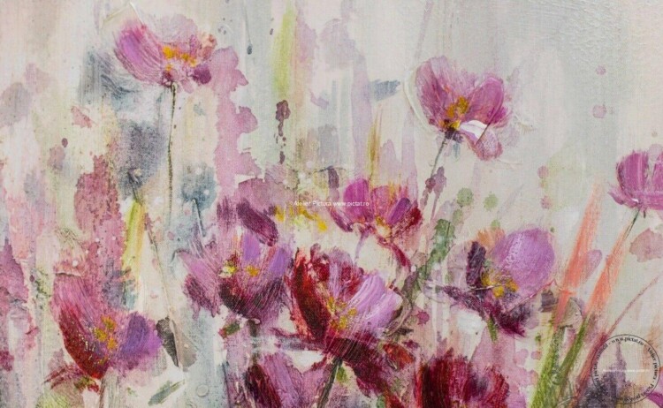 Tablouri pictate manual, Tablou abstract in cutit peisaj cu flori rosii de camp