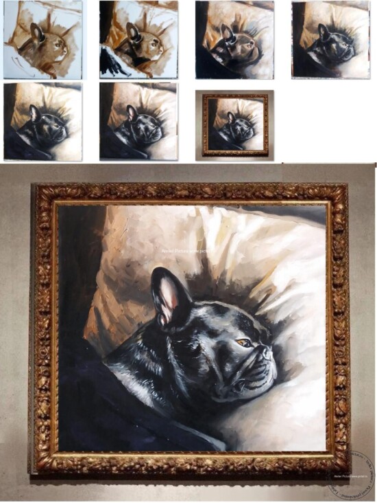 Tablouri pictate manual, Portret caine Bulldog Francez, tablouri animale, tablouri pictate cu Animale de companie.