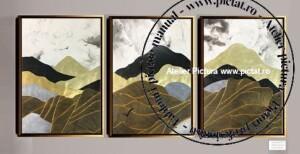 Tablouri pictate manual, Tablou peisaj abstract filigran auriu, set 3 tablouri