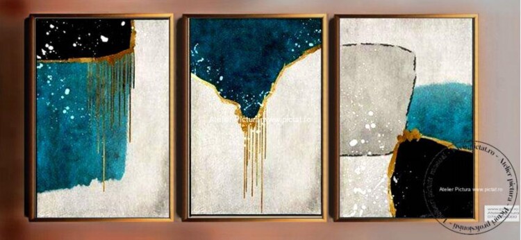 Set tablouri 3x Pictura abstracta, Peisaj Difuz, Alb verde auriu
