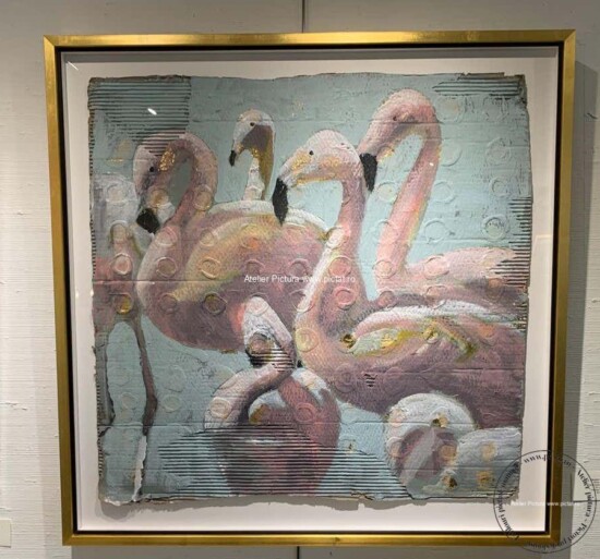 Tablouri pictate manual, Tablou abstract pe carton, Tablou Pasari Flamingo