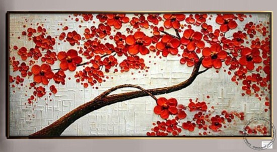 Tablouri pictate manual, Tablou Copac cu flori rosii, Pictura moderna in cutit