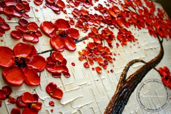 Tablouri pictate manual, Tablou Copac cu flori rosii, Pictura moderna in cutit