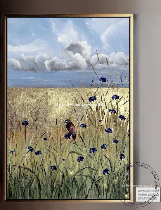 Tablou pictat manual Tablou abstract, Tablou peisaj de vara cu pasari si camp cu flori
