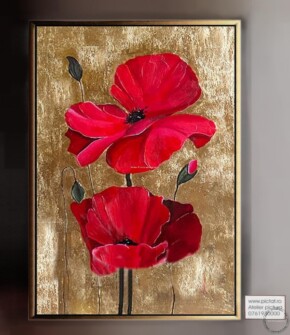 Tablouri pictate manual, Tablou abstract cu flori de Maci rosii, Foita de aur