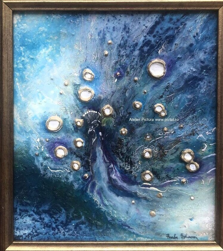 Tablou cu pauni, tablou cu pasari, tablou abstract albastru, pictura cu pasare exotica, inramat 24x28 cm