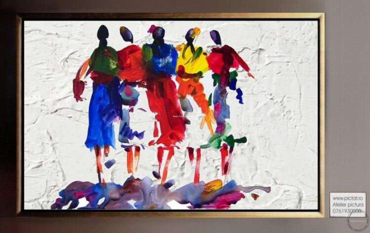 Tablouri pictate manual Tablou abstract multicolor, tablou siluete femei, tablouri living