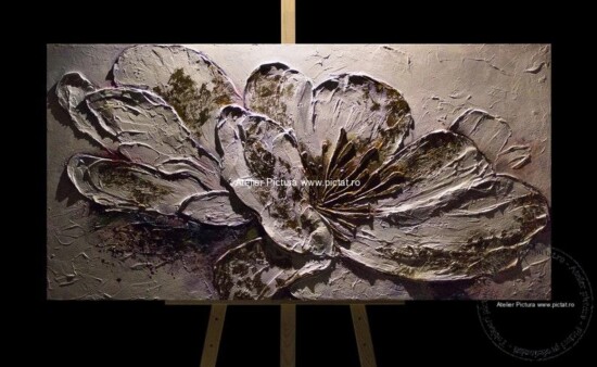 Tablouri pictate manual, Tablou abstract in cutit cu flori, reliefat efect 3D