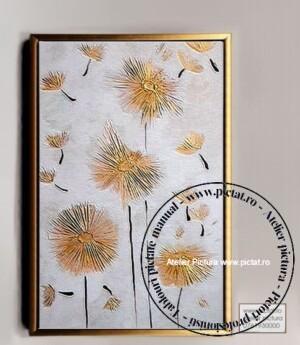 Tablouri pictate manual, Tablou cu flori aurii minimaliste, Abstract alb auriu