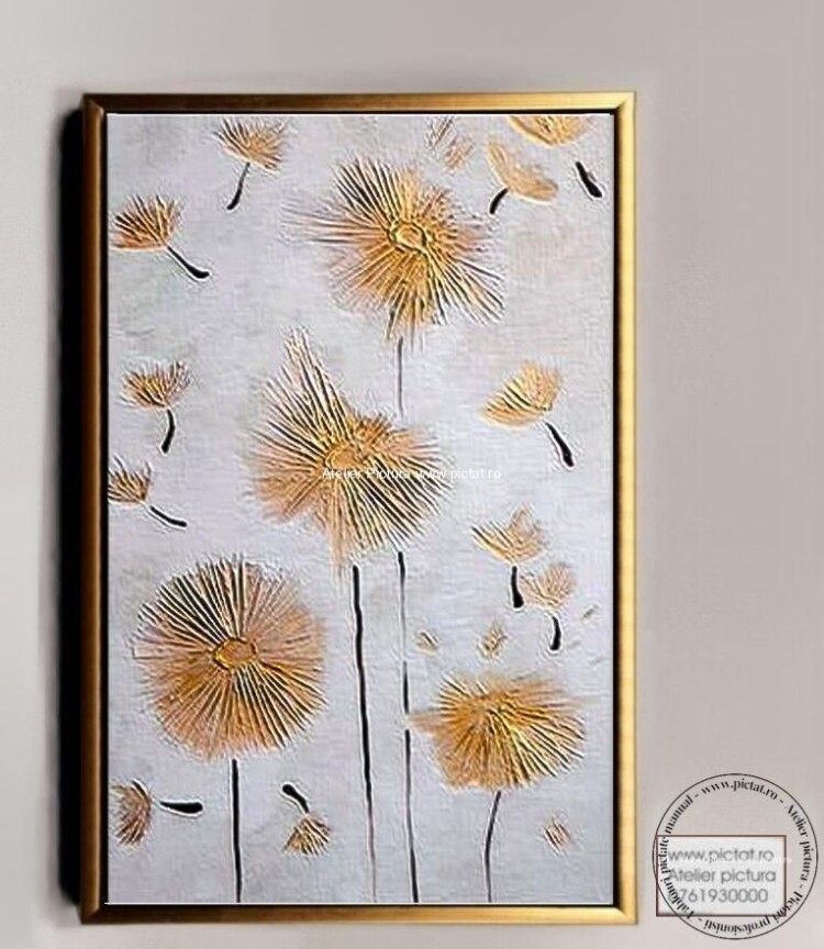 Tablouri pictate manual, Tablou cu flori aurii minimaliste, Abstract alb auriu