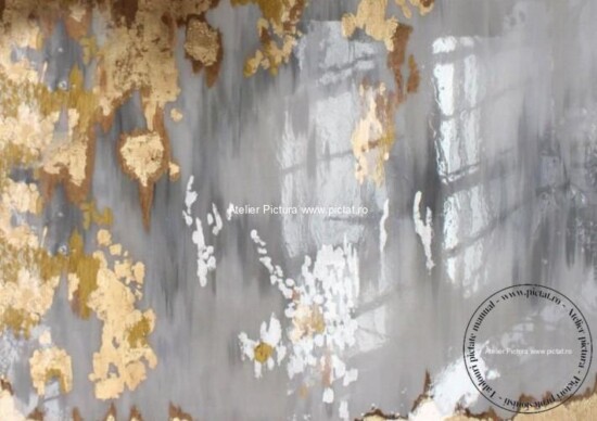 Tablouri pictate manual, Tablou alb negru auriu gri abstract, lac epoxidic