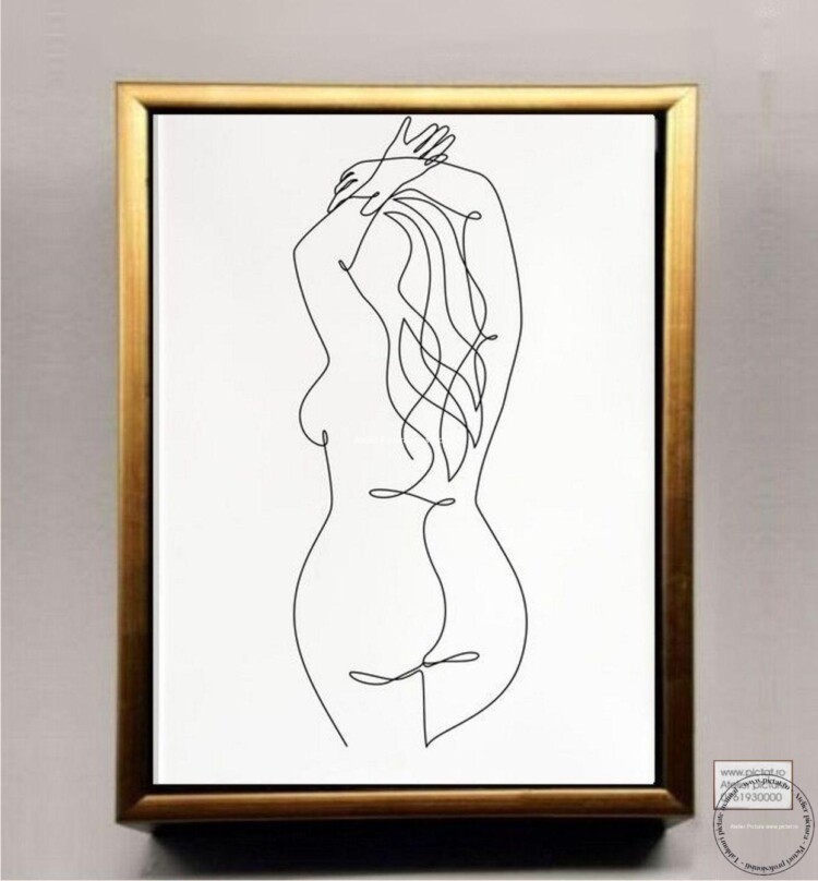 Tablouri pictate manual, Tablou nud abstract alb negru minimalist silueta de femeie