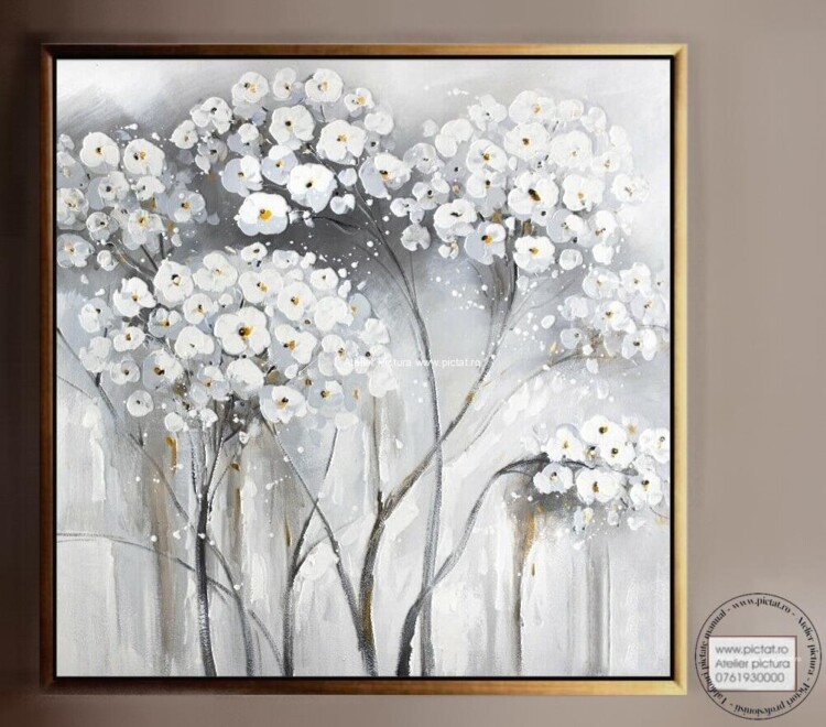 Tablouri pictate manual, Tablou abstract pictura in cutit peisaj cu flori albe