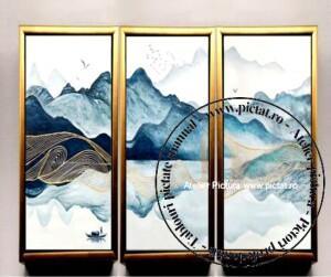 Tablouri pictate manual, Tablou peisaj abstract cu munti si lac, Filigran