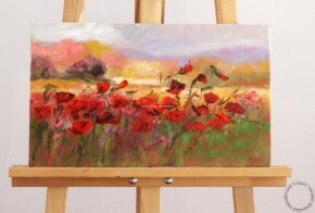 Tablou pictat manual ulei pe panza cu flori de maci Tablou Peisaj de vara