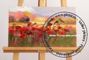 Tablou pictat manual ulei pe panza cu flori de maci Tablou Peisaj de vara