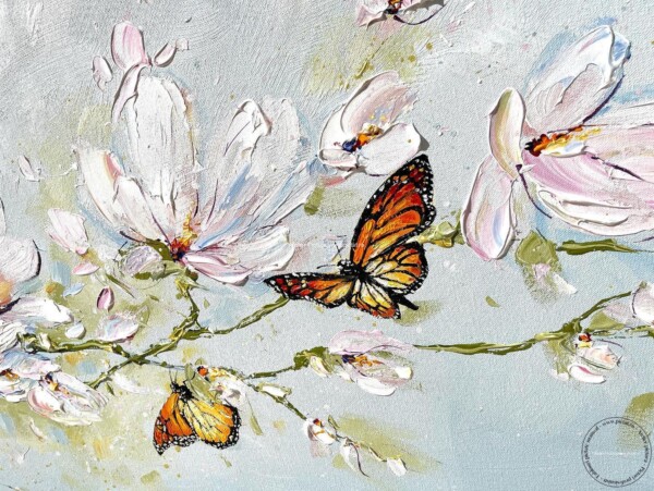 Tablou flori de magnolii si fluturi, Tablou cu flori de primavara, Tablou cu fluturi Tablouri sufragerie