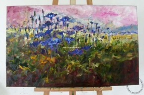 Tablou peisaj cu flori de camp, tablou abstract floral pictat in cutit