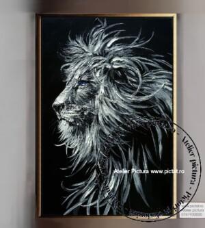Tablou leu, Tablou portret animale, Tablou cap de leu alb negru picturi ulei