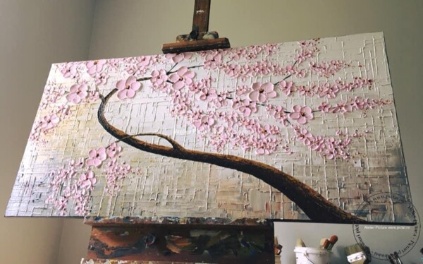 Tablou pictat cutit, Tablou copac cu flori roz, Tablou flori (1)