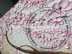 Tablou pictat in cutit, Tablou copac cu flori roz, Tablou flori (1) Atelier pictura