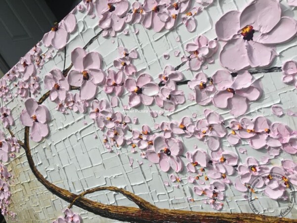 Tablou pictat in cutit, Tablou copac cu flori roz, Tablou flori (1) Atelier pictura