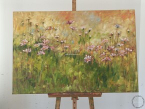 Tablou pictat manual, Tablou abstract, Flori roz de câmp, Margarete