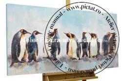 Tablou pictat manual, Tablou abstract, Tablou cu pinguini la polul nord, Pinguini