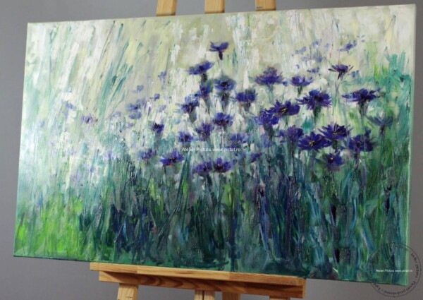 Tablou pictat manual, Tablou abstract, Tablou flori de camp, Flori albastrele