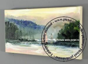 Tablou pictat manual, Tablou cu barci, Tablou abstract peisaj barci pe lac