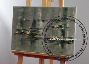 Tablou pictat manual, Tablou cu nuferi albi, Tablou abstract, nuferi din delta dunarii