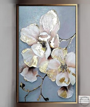 Tablou pictat manual, Tablou magnolie alba, Tablou cu foita de aur, in cutit