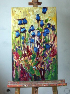 Tablou peisaj de primavara, Tablou flori albastre, tablou abstract pictat manual