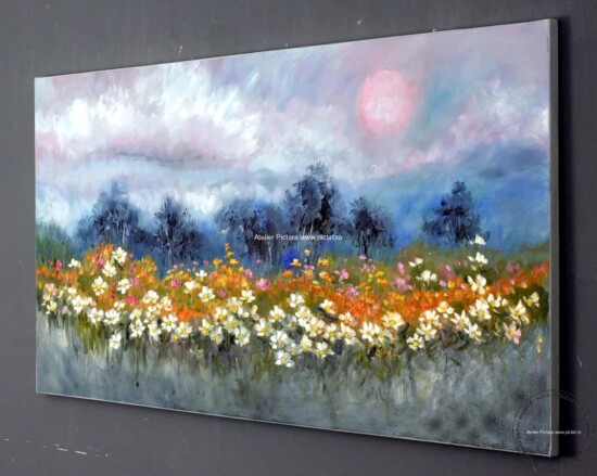 Peisaj cu flori de camp Peisaj pictat apus de soare