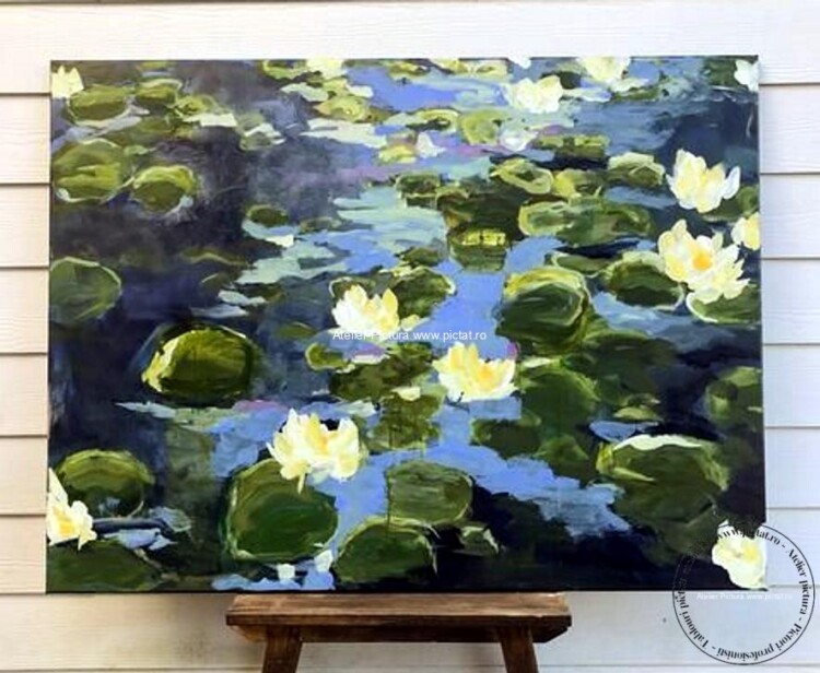 Tablou nuferi, pictura flori de lotis, Tablou lac cu flori, Picturi cu flori, Tablouri florale, Tablouri abstracte