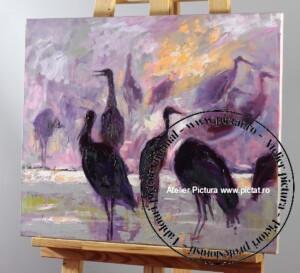Tablou pictat manual, Tablou abstract, tablou cu egrete si pelicani in delta